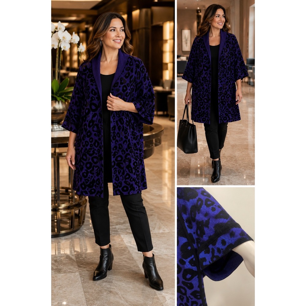 Ming Wang Parka Womens Open Front Shrug Cardigan Sweater XL Blue Animal Print